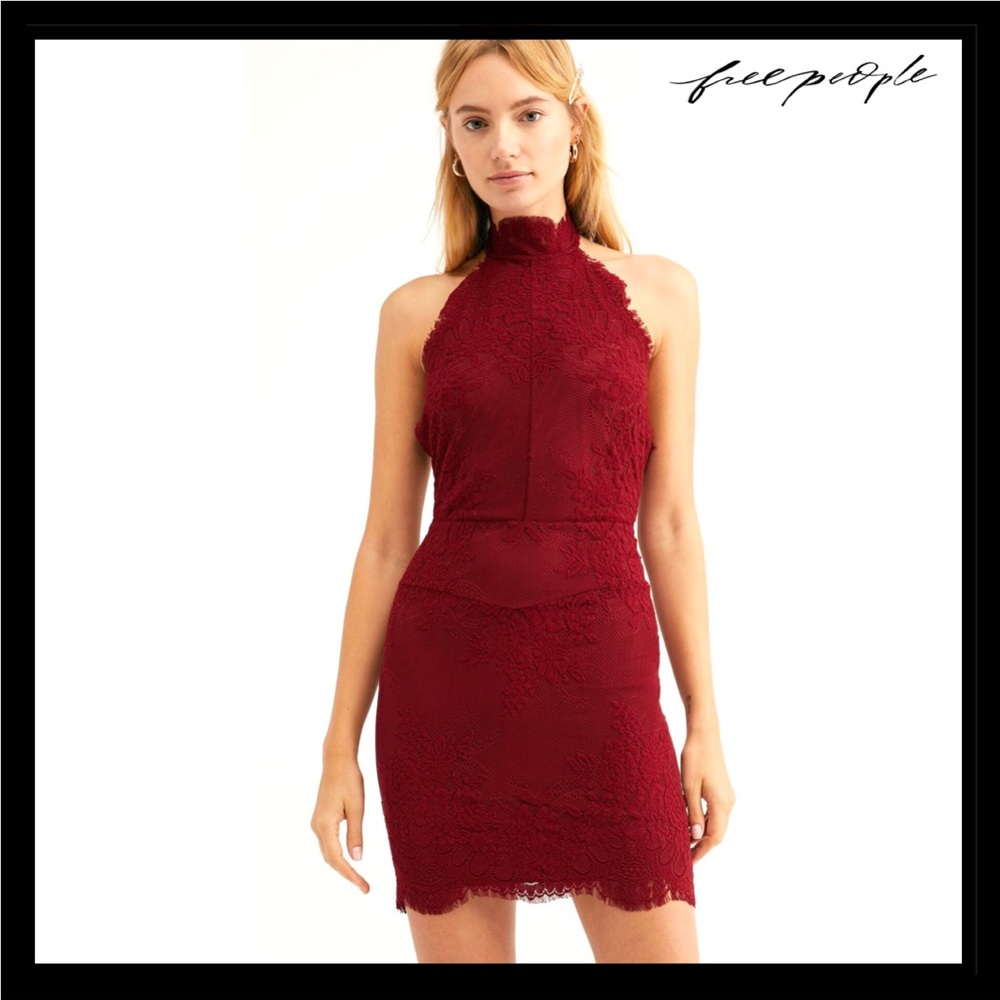 NEW FREE PEOPLE RED LACE HALTER MINI SLIP DRESS